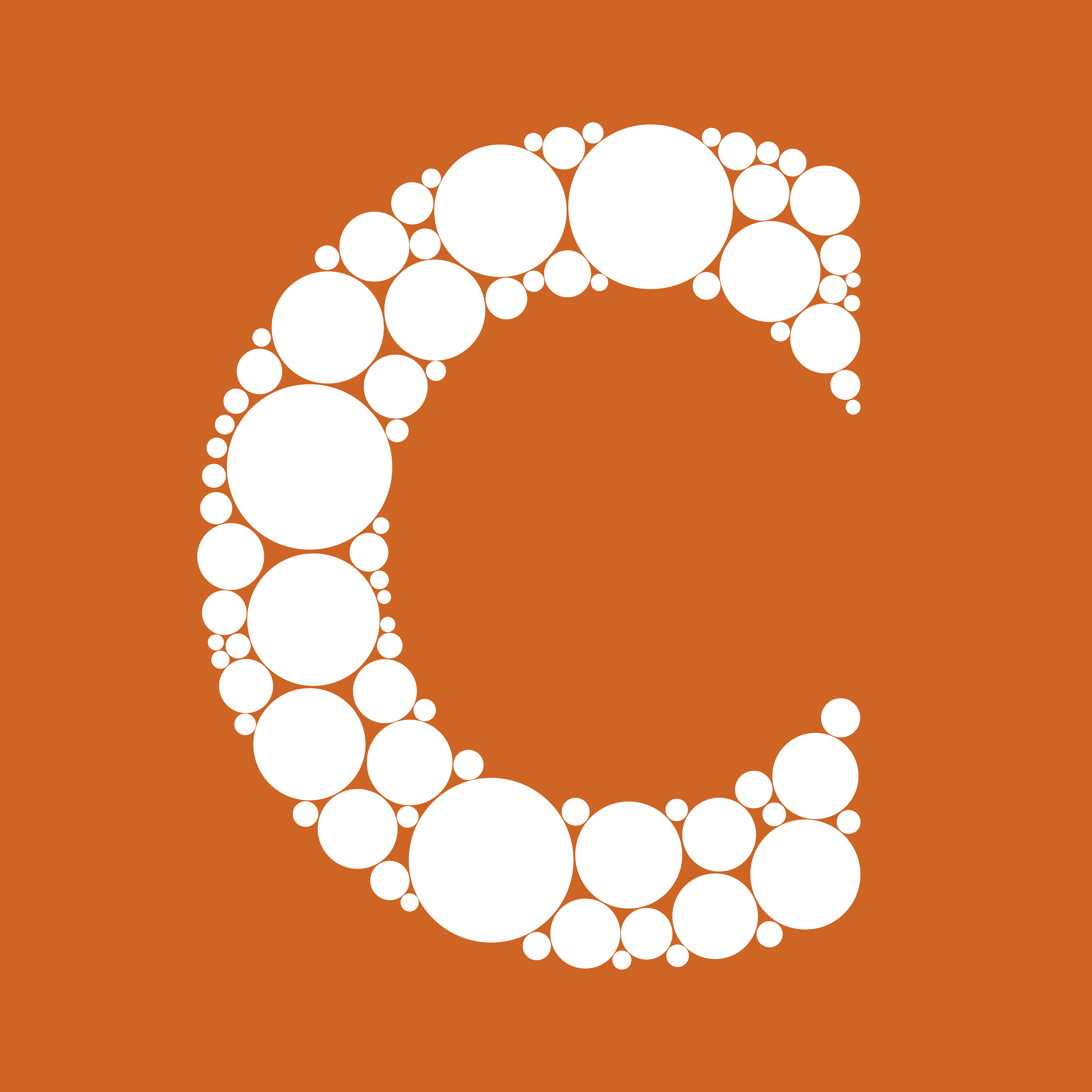 The letter C made from white circles of various sizes, all on an orange background. Designed by Alexa Lasco.