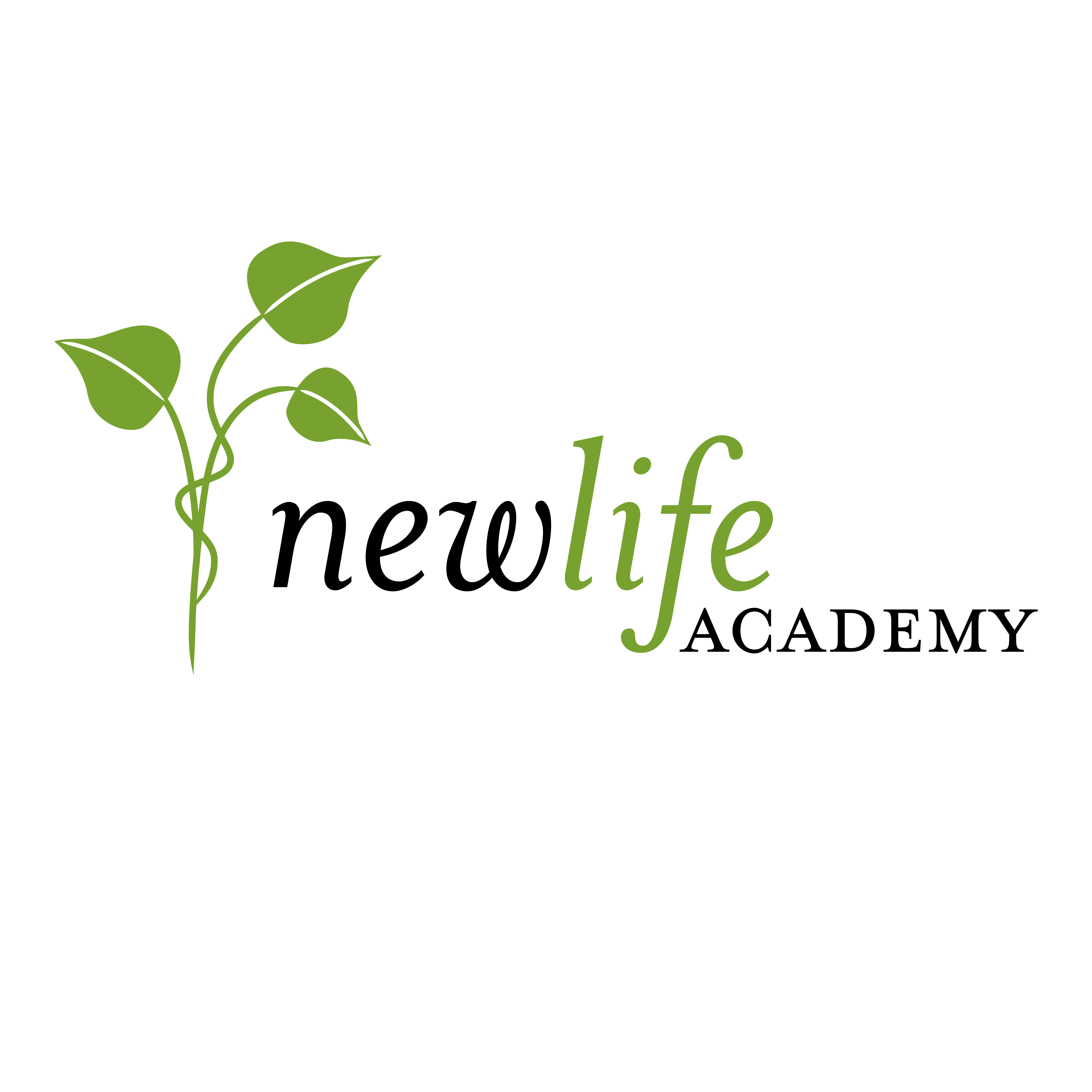 Three green leaves with intertwined stems next to, "New Life Academy," text. Logo designed by Alexa Lasco