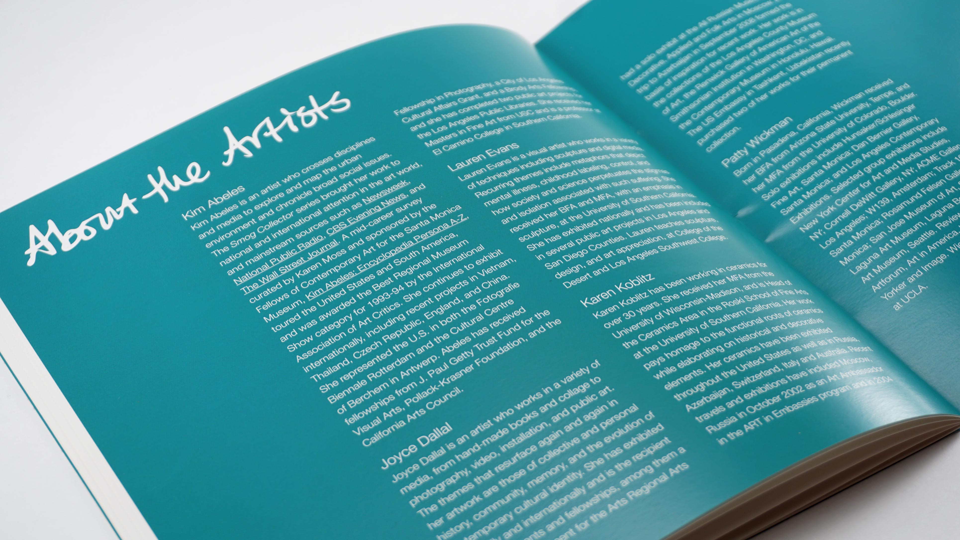 Image of an open book with white text on a teal background. The title reads "About the Artists" and the text gives biographical information for Kim Abeles, Joyce Dallal, Lauren Evans, Karen Koblitz, Patty Wickman, and Margaret Lazzari. Designed by Alexa Lasco.