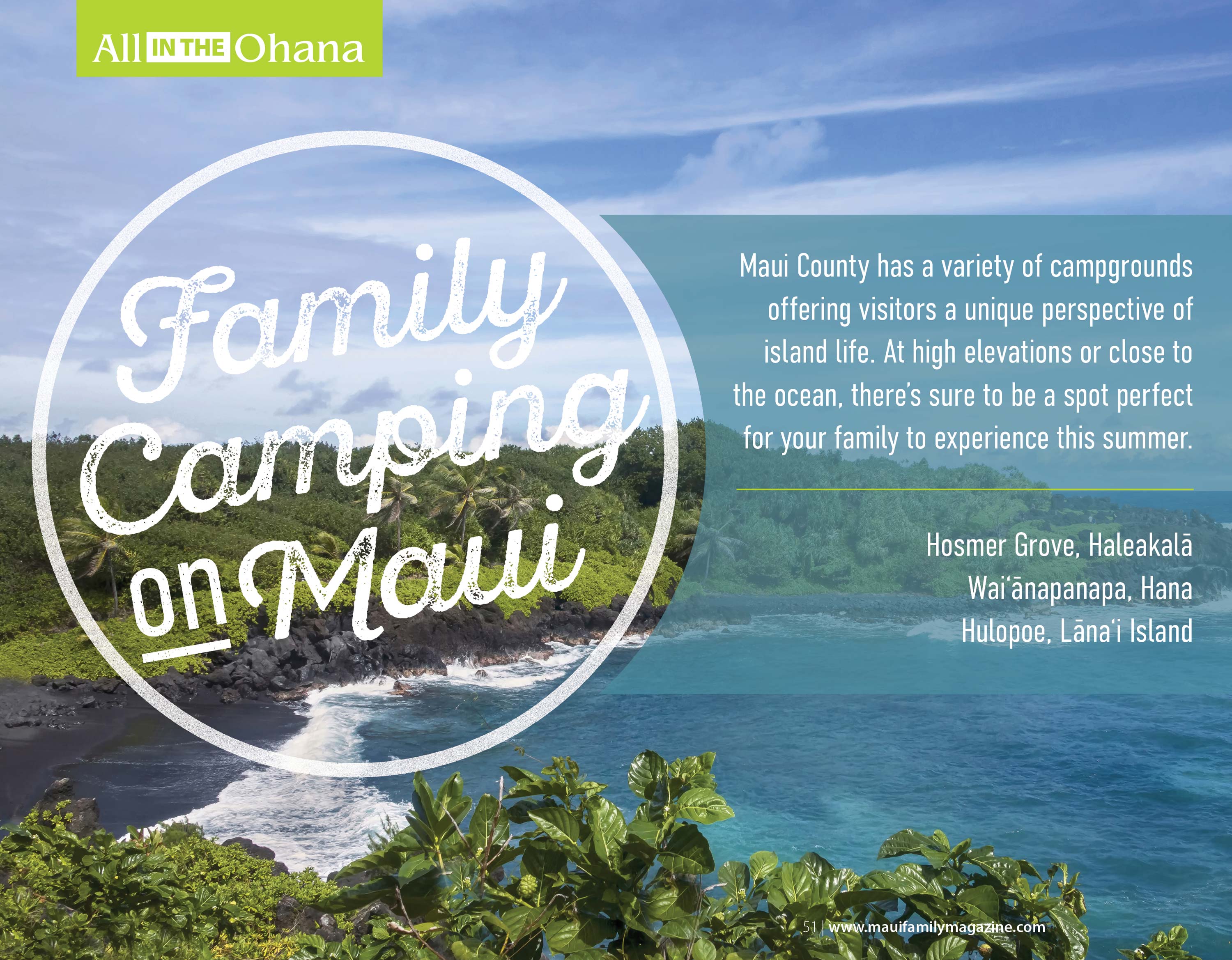 A magazine spread with an image of Wainapanapa State Park in Hana, Maui. The article title reads "Family Camping on Maui", designed by Alexa Lasco.