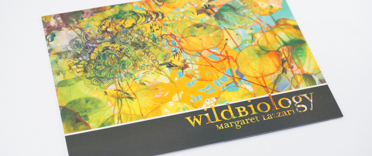 Detail image of "Translucence" by Margaret Lazzari. Beneath the image is a dark gray box with text that reads, "Wild Biology" and, "Margaret Lazzari." Designed by Alexa Lasco.