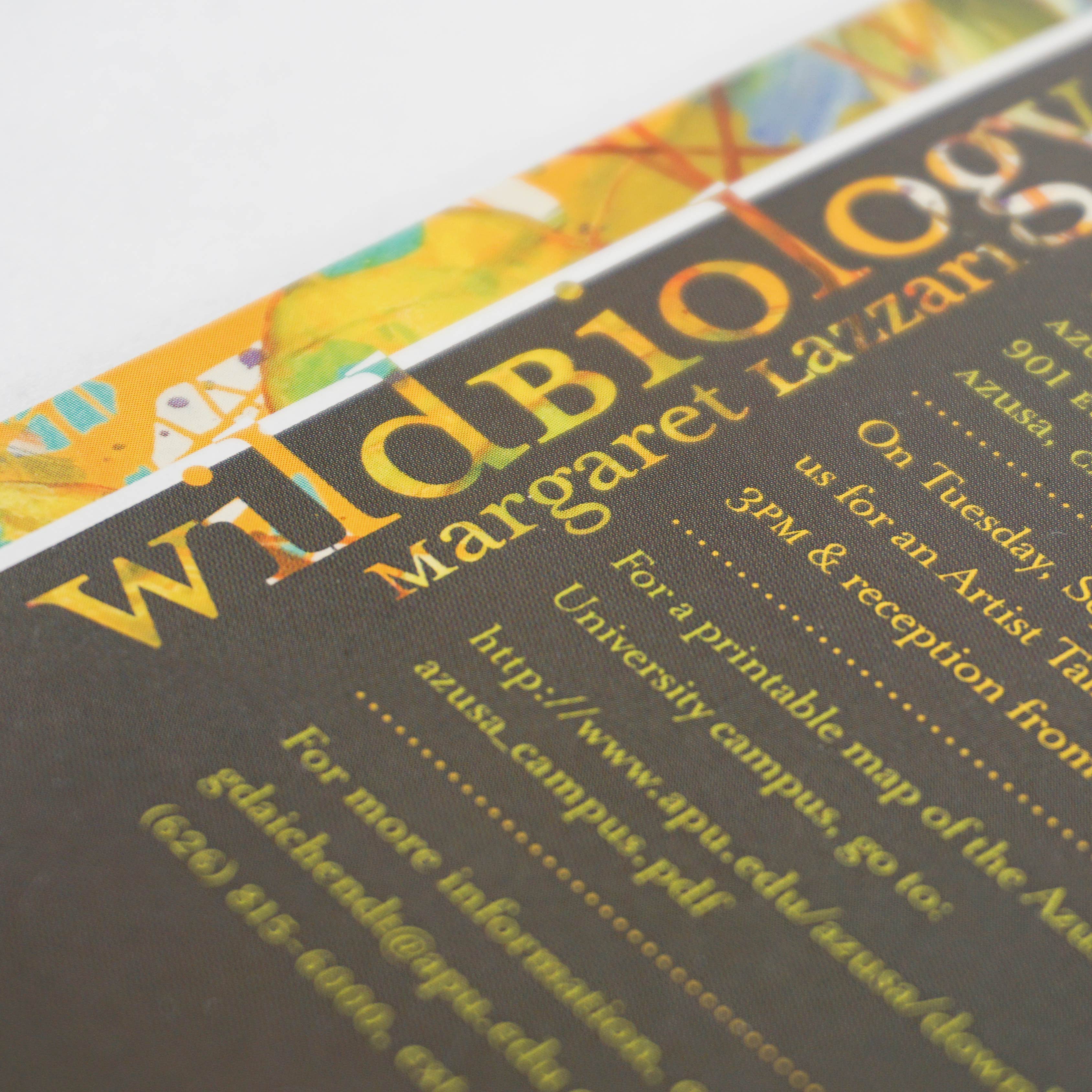 Image of "Wild Biology" and "Margaret Lazzari" text on a dark gray background with information about the event. Designed by Alexa Lasco.